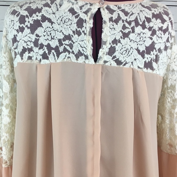 Cream Lace and Tan Blush Split Back Blouse - Picture 7 of 8